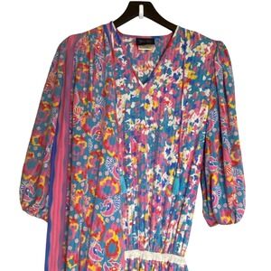 Vintage 80s Diane Freis Dress Scarf Georgette Colorful Midi Balloon Sleeve
